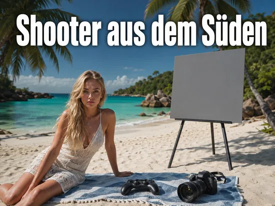 Tropische Inselbucht mit Gamepad und Kamera auf einem Handtuch