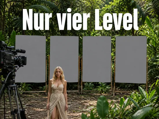 Dschungel-Filmset mit Kamera und vier leeren grauen Tafeln