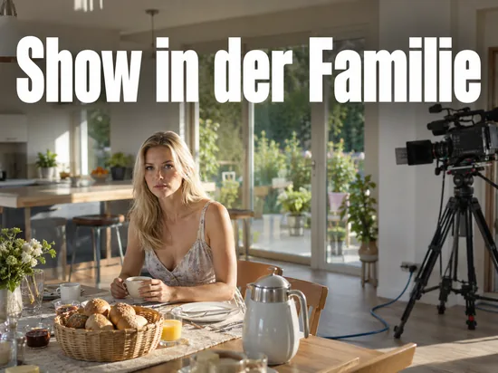 Frau sitzt am Frühstückstisch einer Wohnküche neben einer Fernsehkamera