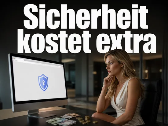 Geschaeftsfrau vor einem Monitor mit Schutzschild im Browserfenster und Geld auf dem Schreibtisch als Symbol fuer Sicherheitsfunktionen nur gegen Aufpreis