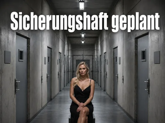 Frau sitzt in einem leeren Gefaengnisflur mit grauen Stahltueren