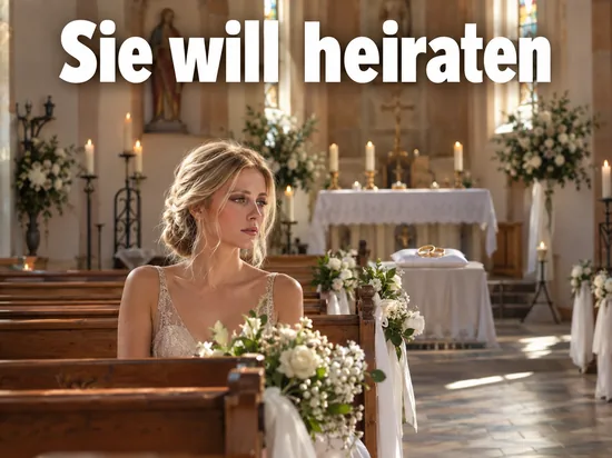 Frau im hellen Kleid sitzt in einer festlich geschmueckten Kirche, auf dem Altar liegen zwei Ringe