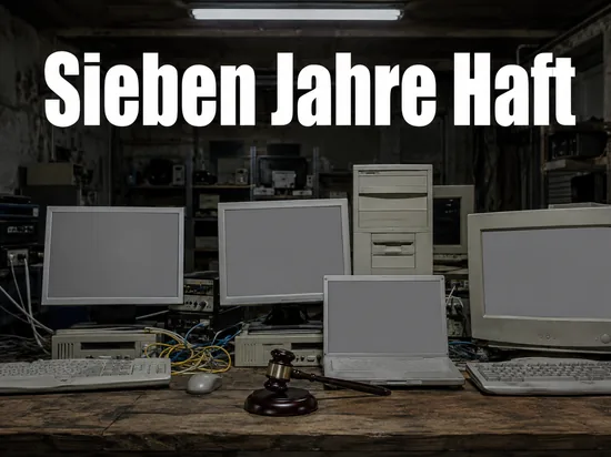 Kellerraum mit alten Rechnern, Monitoren und einem Richterhammer