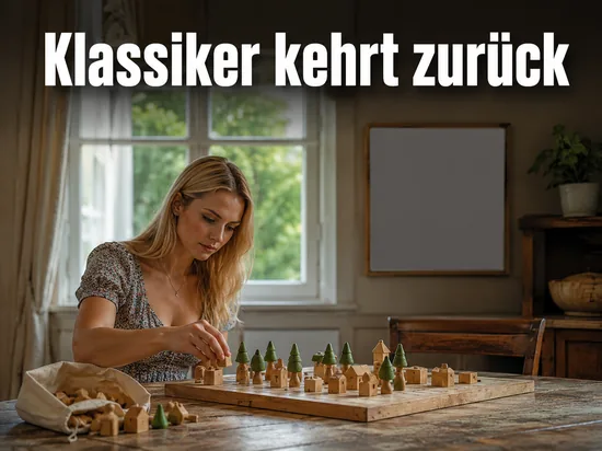 Holztisch mit Aufbauspiel aus Holz, Haeusern und Figuren