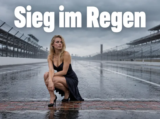 Nasse Start- und Zielgerade mit Ziegelstreifen auf einer Rennstrecke