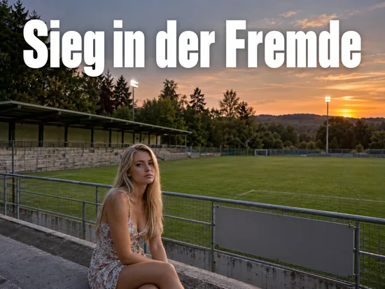Frau im Kleid sitzt auf den Stufen eines kleinen Stadions im Abendlicht