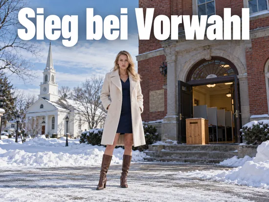 Frau im Wollmantel steht vor einem verschneiten Wahllokal in Neuengland, im Hintergrund eine weiße Holzkirche