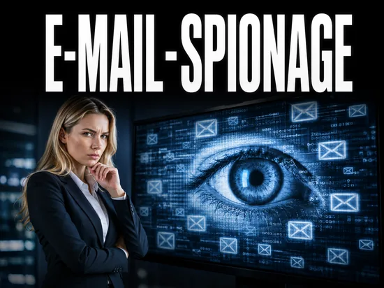 Konzern liest private E-Mails der Mitarbeiter, misstrauische Geschäftsfrau vor Bildschirm mit E-Mail-Symbolen und Überwachungs-Auge