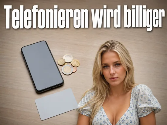 Frau an einem Tisch mit Handy, Münzen und einer Prepaid-Karte