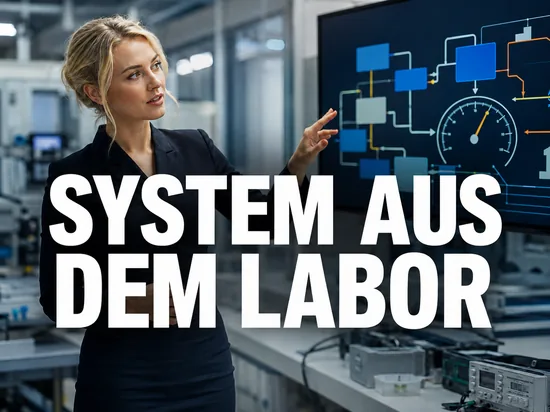 Geschaeftsfrau im Forschungslabor vor Monitor mit Systemdiagramm und Geschwindigkeitsmesser