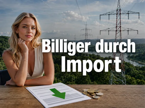 Grenzueberschreitende Hochspannungsleitungen ueber gruener Landschaft, davor ein Tisch mit Stromrechnung, gruenem Pfeil nach unten und Muenzen und eine Frau