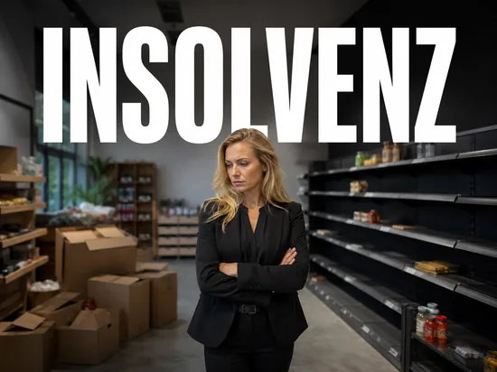 Enttaeuschte blonde Geschaeftsfrau im leergeraeumten Lebensmittelladen mit halb leeren Regalen und Kartons, Symbolbild Insolvenz eines Lebensmittelrettungs-Start-Ups