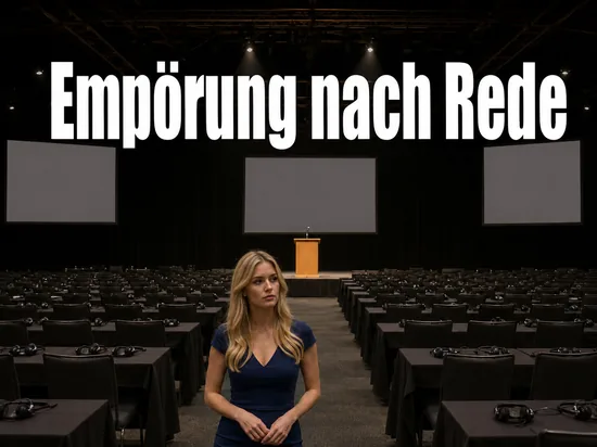 Frau steht in einem leeren Konferenzsaal vor einem Rednerpult