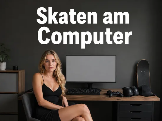 Computer-Arbeitsplatz mit Skateboard, Schonern und Gamepad