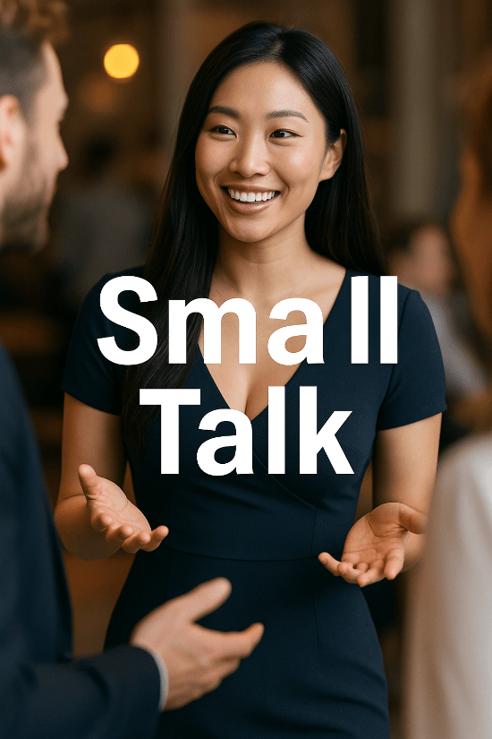Attraktive asiatische Frau im blauen Kleid führt lebhaften Small Talk in freundlicher Atmosphäre, Blickkontakt und Lächeln, Text: „Small Talk“ im Bildvordergrund.