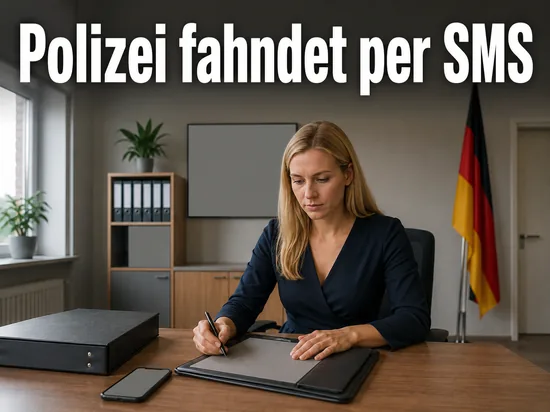 Frau am Schreibtisch einer Behörde mit Smartphone und Aktenordner