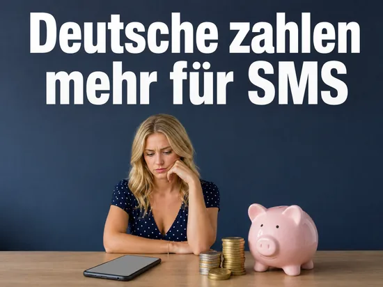 Frau am Tisch mit Smartphone, Münzstapeln und Sparschwein