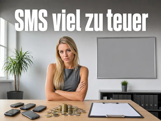 Frau vor einem Tisch mit mehreren Handys, Münzstapeln und einem leeren Klemmbrett, Schriftzug SMS viel zu teuer