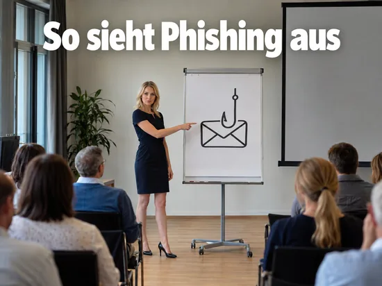 Frau zeigt in einem Seminarraum auf ein Flipchart mit einem gezeichneten Briefumschlag und Angelhaken