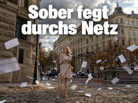 Frau steht an einer Wiener Straßenecke, um sie herum wirbeln Briefumschläge im Wind