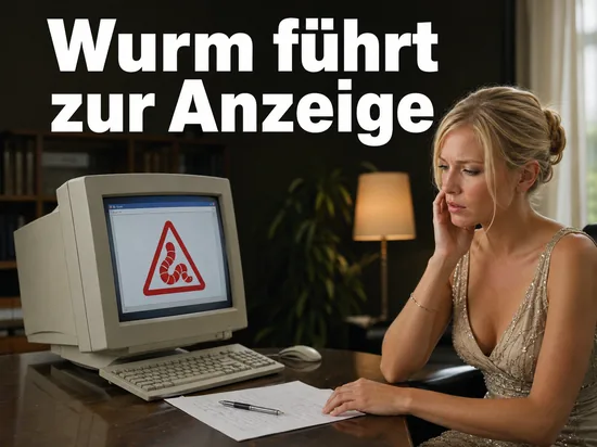 Frau am alten Computer mit Wurm-Warnhinweis und begonnenem Schreiben: E-Mail-Wurm Sober Y fuehrt zur Selbstanzeige