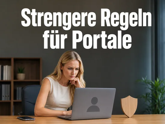 Frau am Laptop mit Profilbild-Platzhalter und Schutzschild, Schriftzug Strengere Regeln fuer Portale