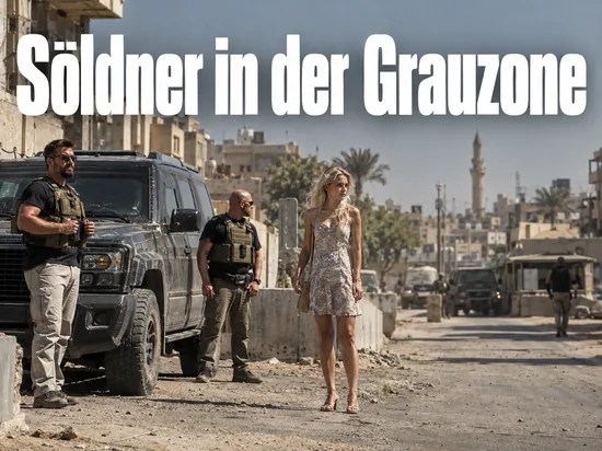Frau auf einer staubigen Straße im Irak neben einem dunklen Geländewagen und Sicherheitsleuten mit Schutzwesten