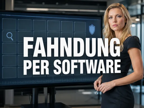 Geschaeftsfrau vor Monitor mit Analyseraster, Lupe und Schutzschild als Symbol fuer automatische Bilderkennung
