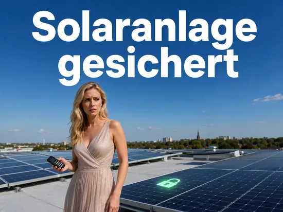 Frau mit Codegeraet auf einem Dach mit Solarmodulen und gruenem Schloss-Symbol: neue Technik sichert Solarpanele gegen Diebstahl
