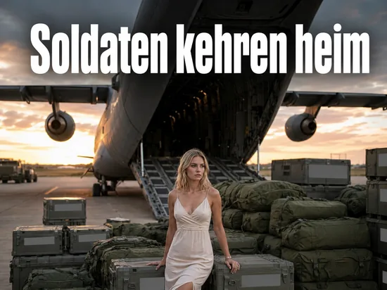 Frau steht vor einem Militaertransportflugzeug mit geoeffneter Heckrampe