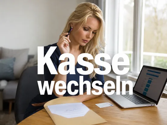 Unterschriebener Kuendigungsbrief im Umschlag, Laptop mit Kassenvergleich und Gesundheitskarte, davor eine Frau mit Stift