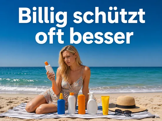 Frau am Strand mit mehreren Sonnencreme-Flaschen, Schriftzug Billig schuetzt oft besser