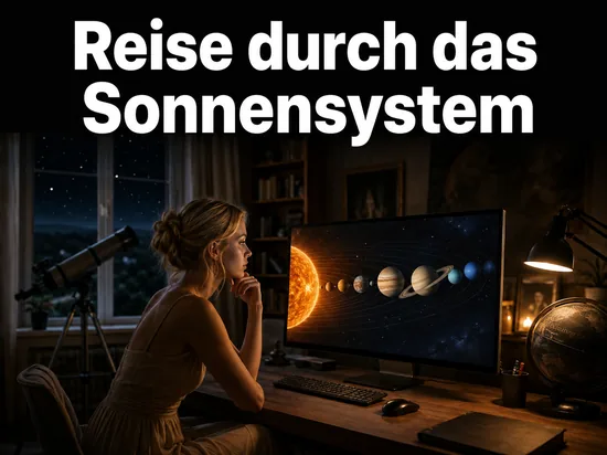 Frau am Monitor mit Sonnensystem-Darstellung neben Teleskop, Schriftzug Reise durch das Sonnensystem