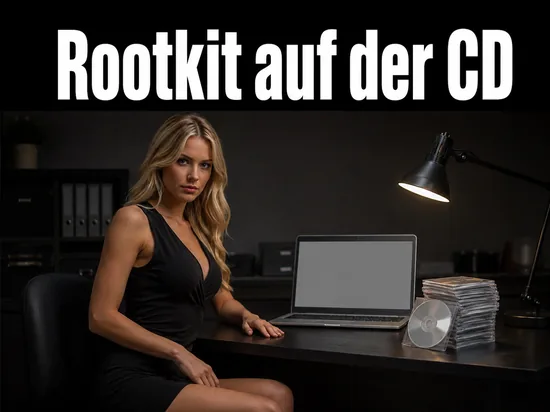 Blonde Frau im schwarzen Kleid am dunklen Schreibtisch mit Laptop, Stapel CDs in Hüllen und Schreibtischlampe