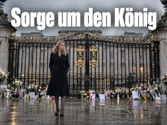 Frau im dunklen Mantel steht vor einem schmiedeeisernen Palasttor in London, davor liegen Blumensträuße