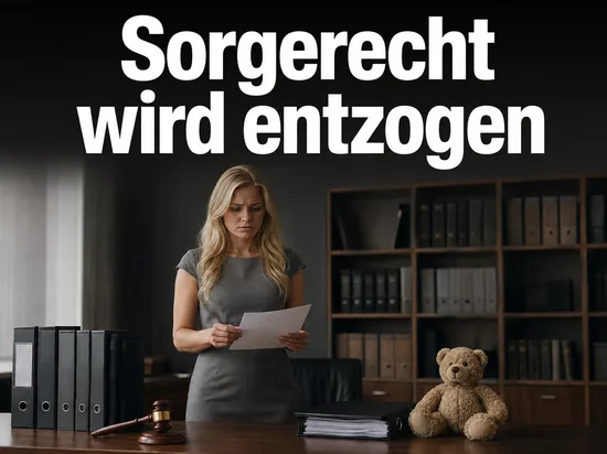 Frau mit Akte im Amtszimmer neben Richterhammer und Teddybaer, Schriftzug Sorgerecht wird entzogen