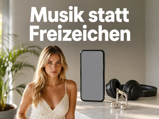Frau mit Smartphone, Kopfhörern und einer Musiknote