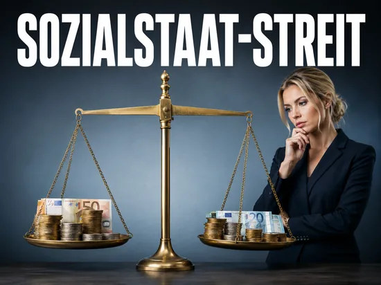 Debatte über zu viele Sozialleistungen, nachdenkliche Geschäftsfrau vor einer Waage mit Euro-Münzen und Geldscheinen