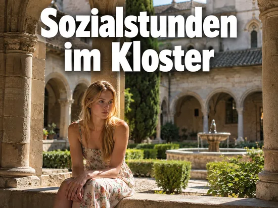 Frau sitzt im Kreuzgang eines Klosters mit Blick auf den Innenhof