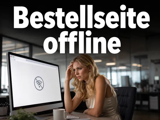Ratlose Geschaeftsfrau vor einem Monitor mit nicht erreichbarer Webseite als Symbol fuer die abgeschaltete Bestellseite des Service Pack 2