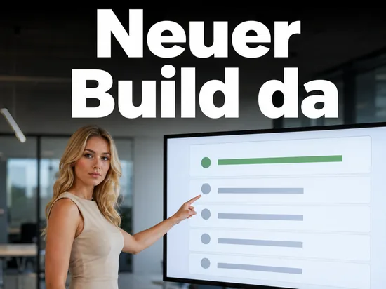 Geschaeftsfrau vor einem Bildschirm mit Versionsliste und gruen markiertem Eintrag als Symbol fuer den neuen Build des Windows XP Service Pack 2
