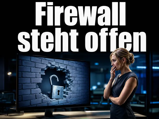 Alarmierte Geschaeftsfrau vor einem Monitor mit durchbrochener Mauer und offenem Schloss als Symbol fuer die offene Firewall nach dem Service Pack 2