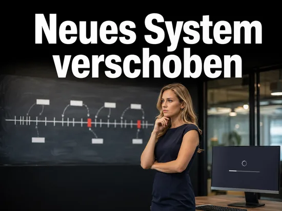 Geschaeftsfrau vor einer Zeitleiste mit verschobenen Terminen als Symbol fuer Windows Longhorn auf Basis von Service Pack 2