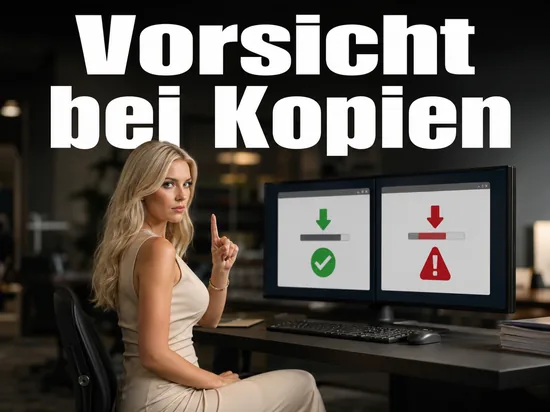 Geschaeftsfrau vor einem Monitor mit einem sicheren und einem gefaehrlichen Download als Symbol fuer die Warnung vor inoffiziellen Kopien des Service Pack 2