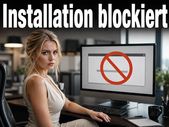 Geschaeftsfrau vor einem Monitor mit rotem Verbotsschild ueber einem Installationsfenster als Symbol fuer den Patch, der die Installation von Service Pack 2 verhindert