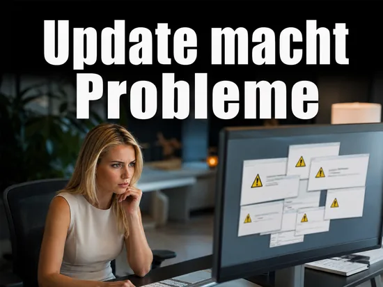 Angespannte Geschaeftsfrau vor einem Monitor mit mehreren Warnfenstern als Symbol fuer moegliche Probleme durch das Service Pack 2