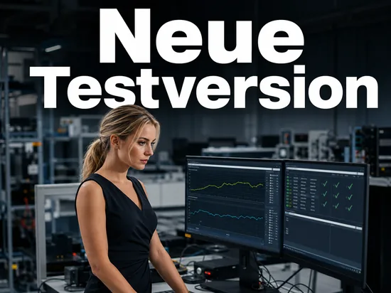 Geschaeftsfrau im Testlabor vor Monitoren mit laufenden Testreihen als Symbol fuer den Beta-Test des neuen Service-Pack-2-Builds