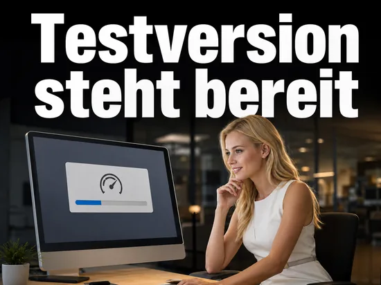 Geschaeftsfrau vor einem Monitor mit laufendem Download der Testversion als Symbol fuer den frei verfuegbaren Release Candidate 2 des Service Pack 2