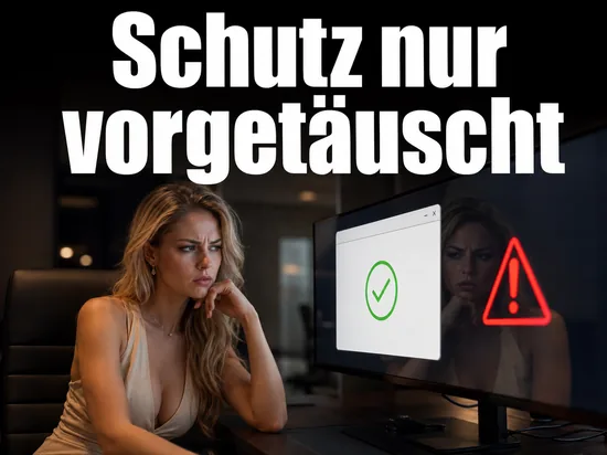 Misstrauische Geschaeftsfrau vor einem Monitor mit gruenem Haken und gespiegeltem rotem Warndreieck als Symbol fuer das taeuschbare Security Center in Windows XP SP2
