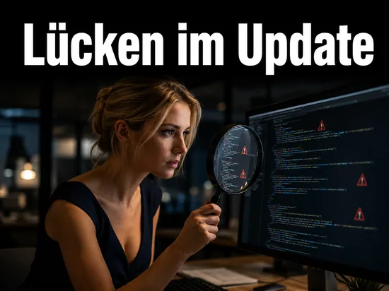 Geschaeftsfrau mit Lupe vor einem Monitor mit Programmcode und roten Warnsymbolen als Symbol fuer die gefundenen Sicherheitsluecken im Service Pack 2